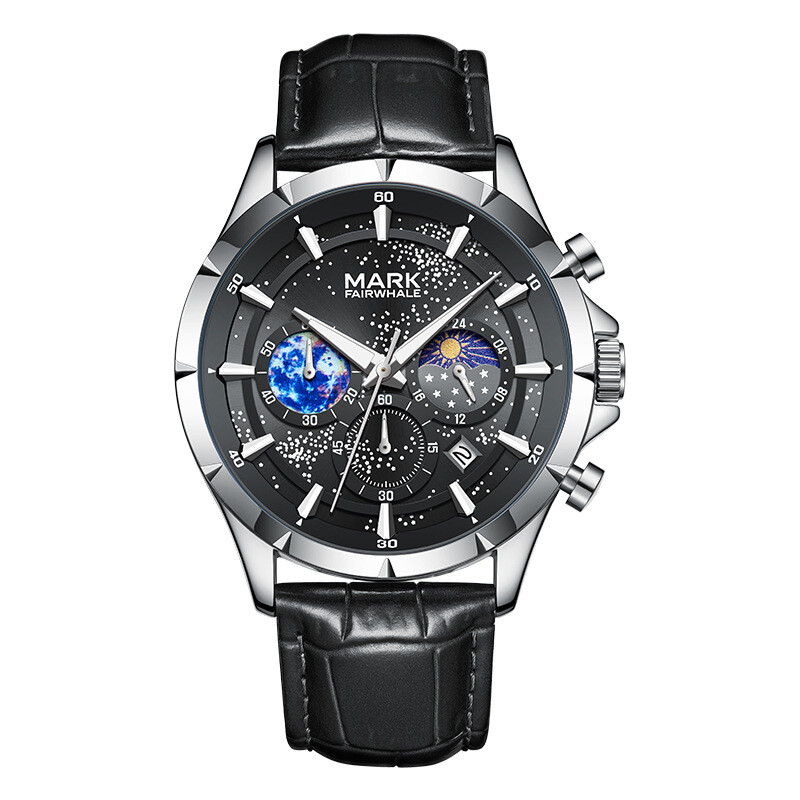 MARK FAIRWHALE Cosmic Stars Moon Phase Calendar Luminous Waterproof Quartz Watch