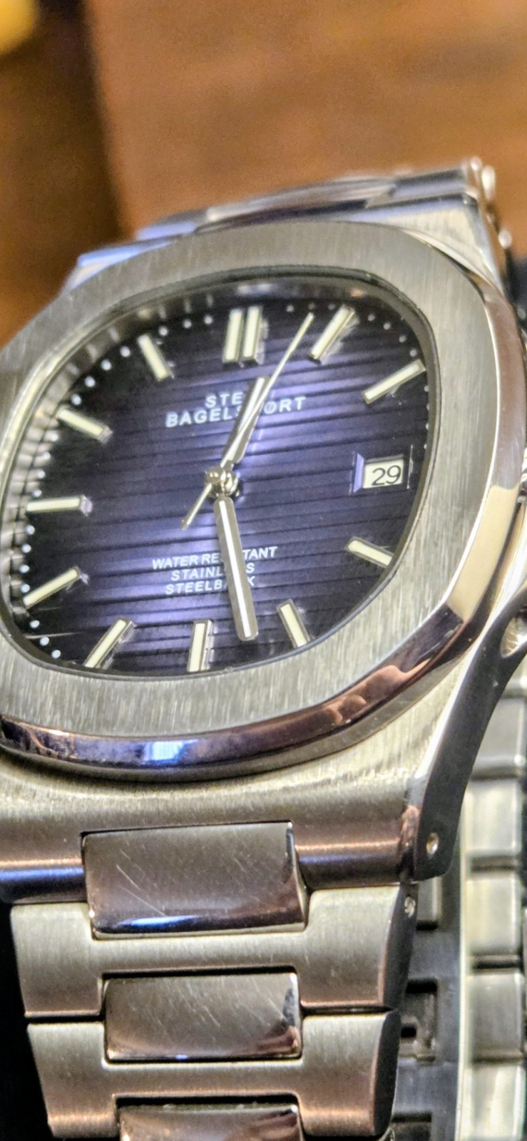 Bagelsport Automatic Watch NH35 Blue Dial Stainless Steel Display Caseback