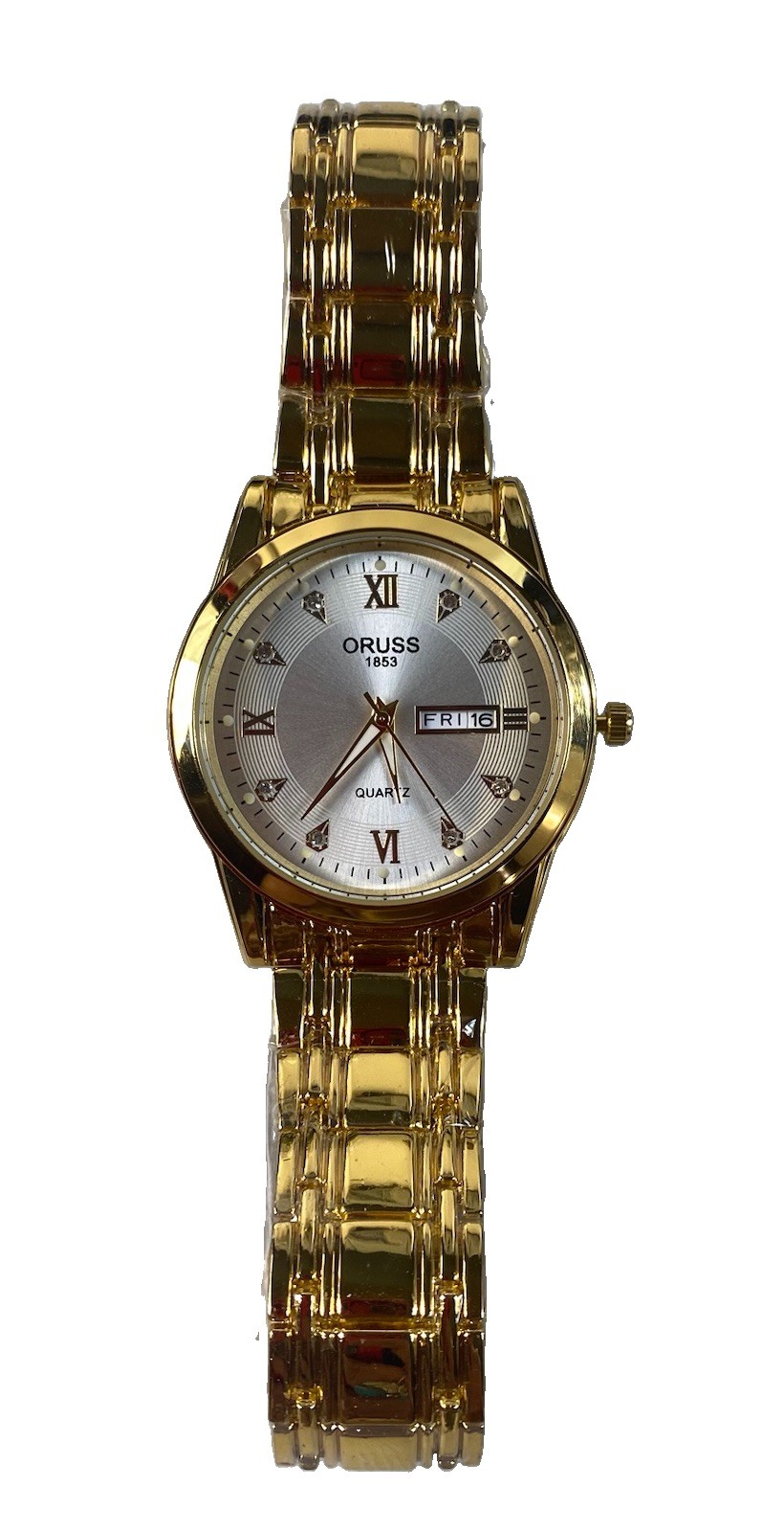 Oruss 1853 Men’s Watch Quartz Movement White Face Gold tone Band Date New w/Box