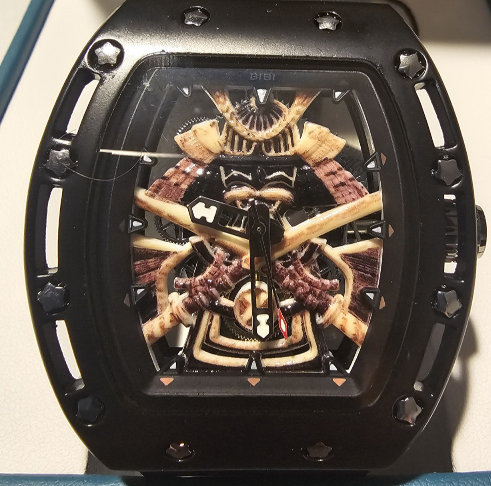 BIBI Men’s Skeleton Watch – Matte Black Tonneau Case, Samurai & Skull Desig