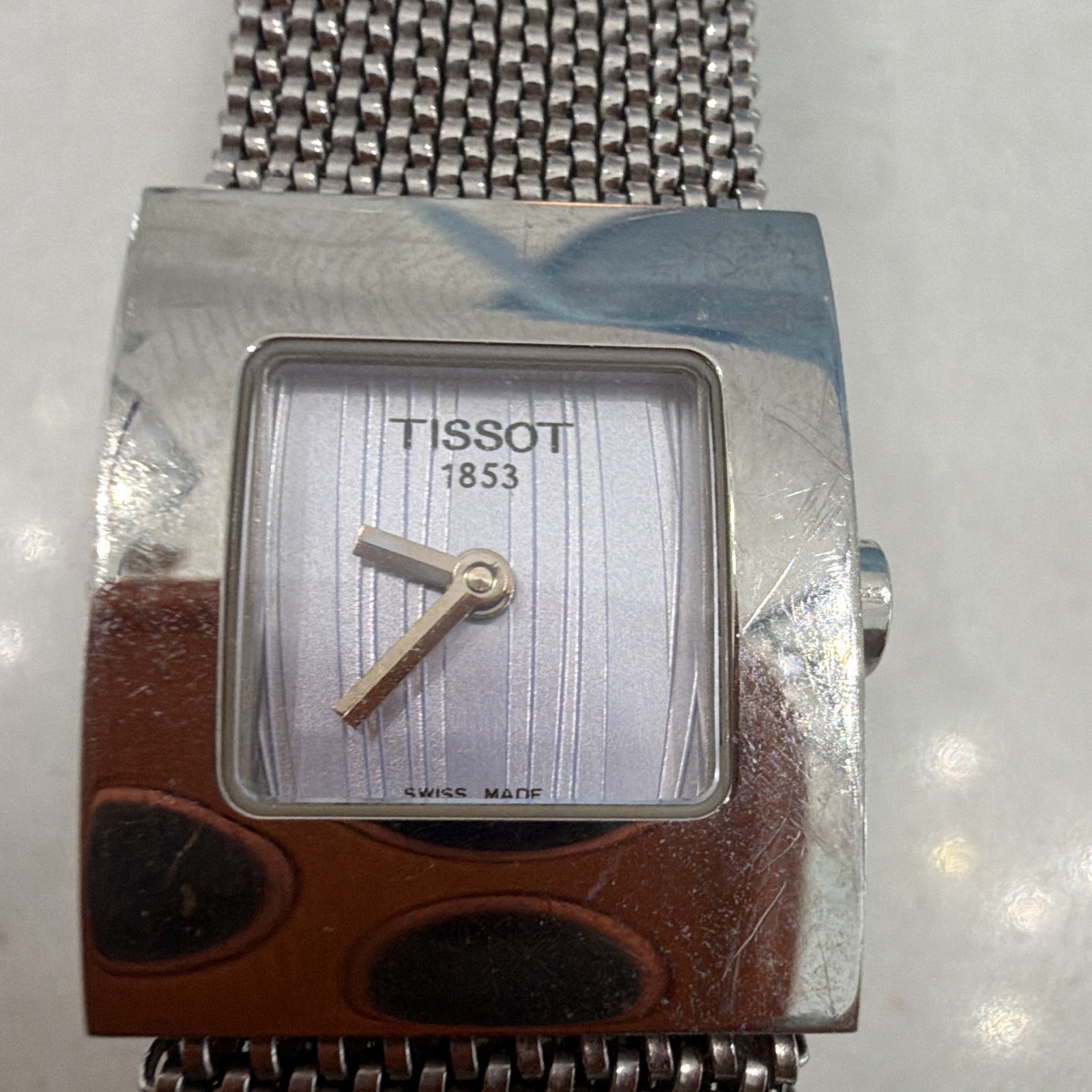 Tissot 1853 Women’s Dress Quartz Square Silver Textured Dial Mesh Watch 30m