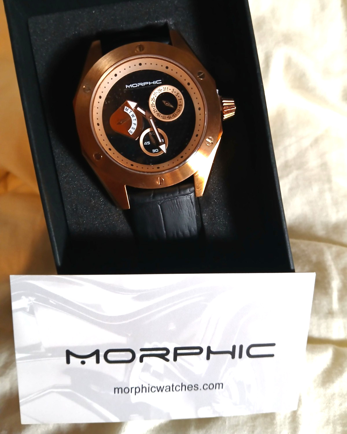 Morphic M46 Series Leather-Band Men’s Watch – Black/Rose Gold