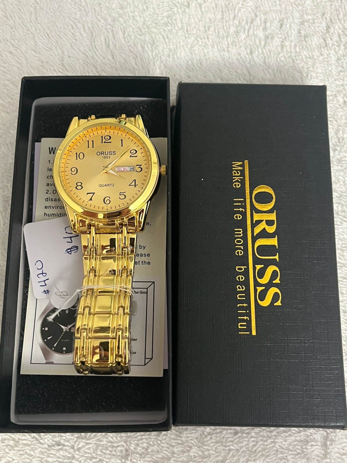 ORUSS 1853 Quartz Analog Gold-Tone Day/Date Arabic Dial watch with Box Manual