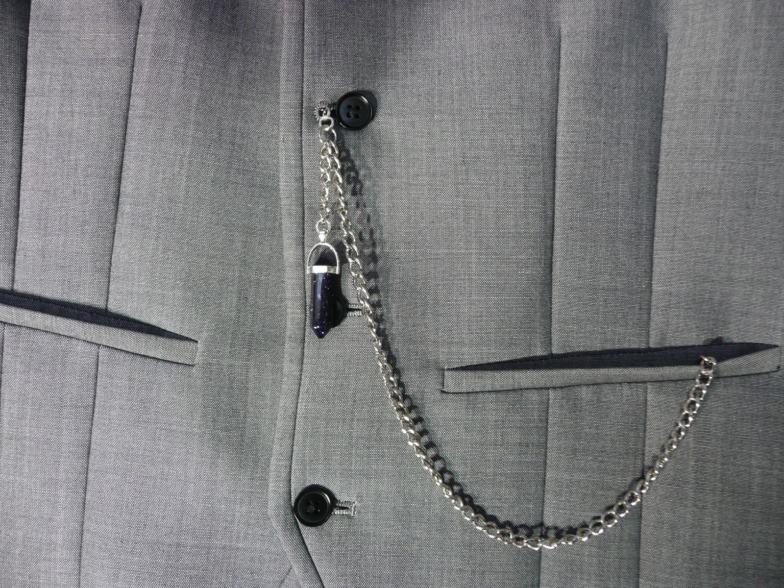 Single albert silver plated black obsidian Crystal stone pocket watch chain fob