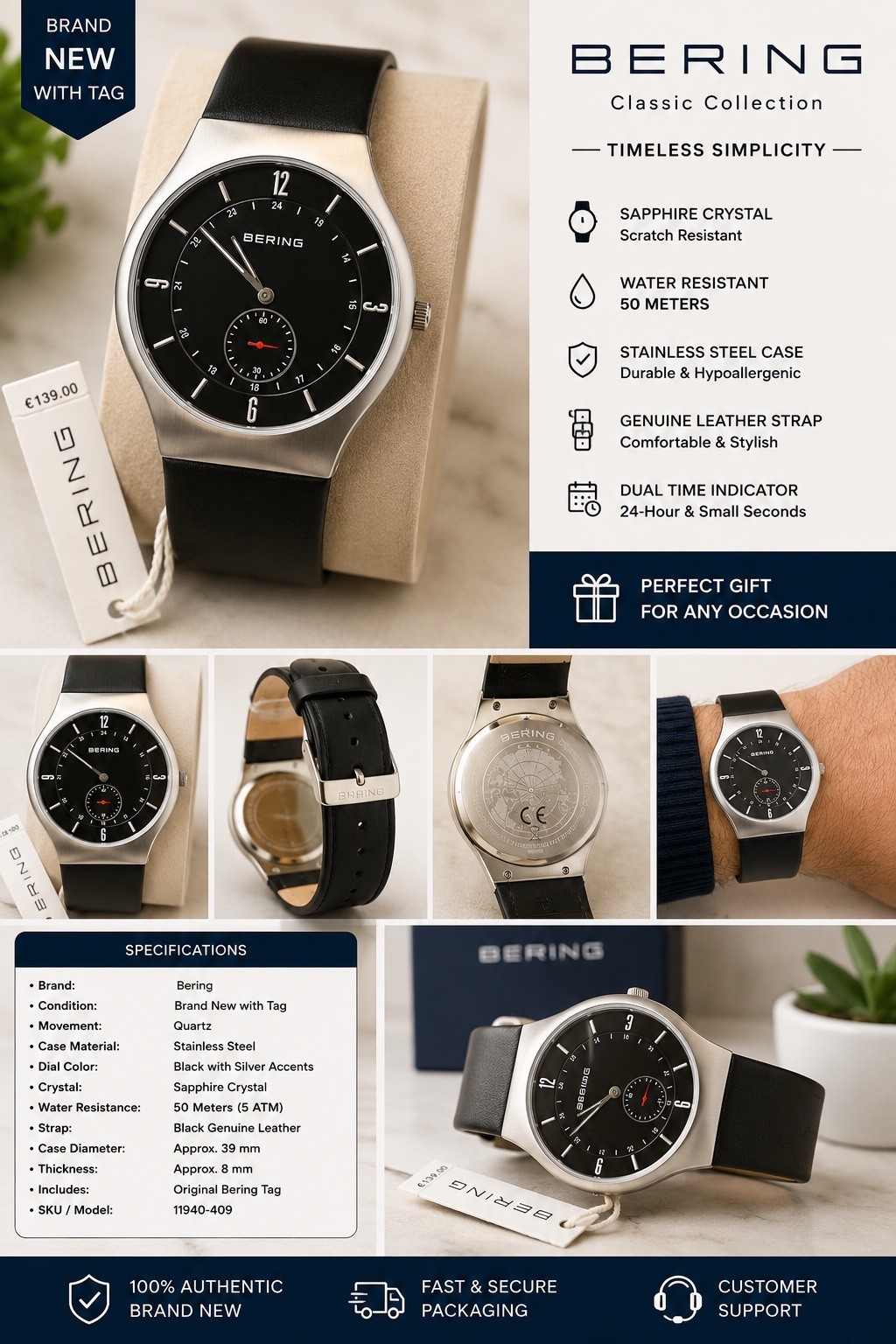 Bering Classic Collection Quartz Black Dial Leather Strap 39mm Sapphire 50m