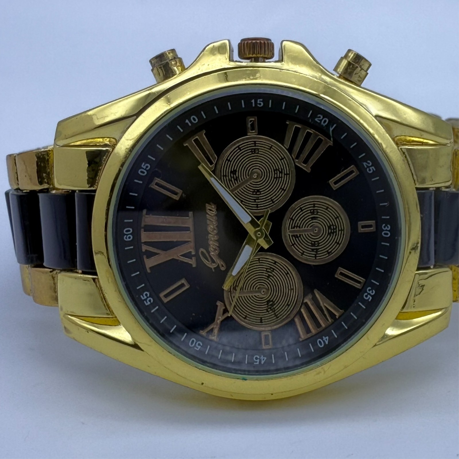 Unworn Men’s GENEVA Two-Tone Gold & Black Modern Bracelet Watch, Black Dial 42mm