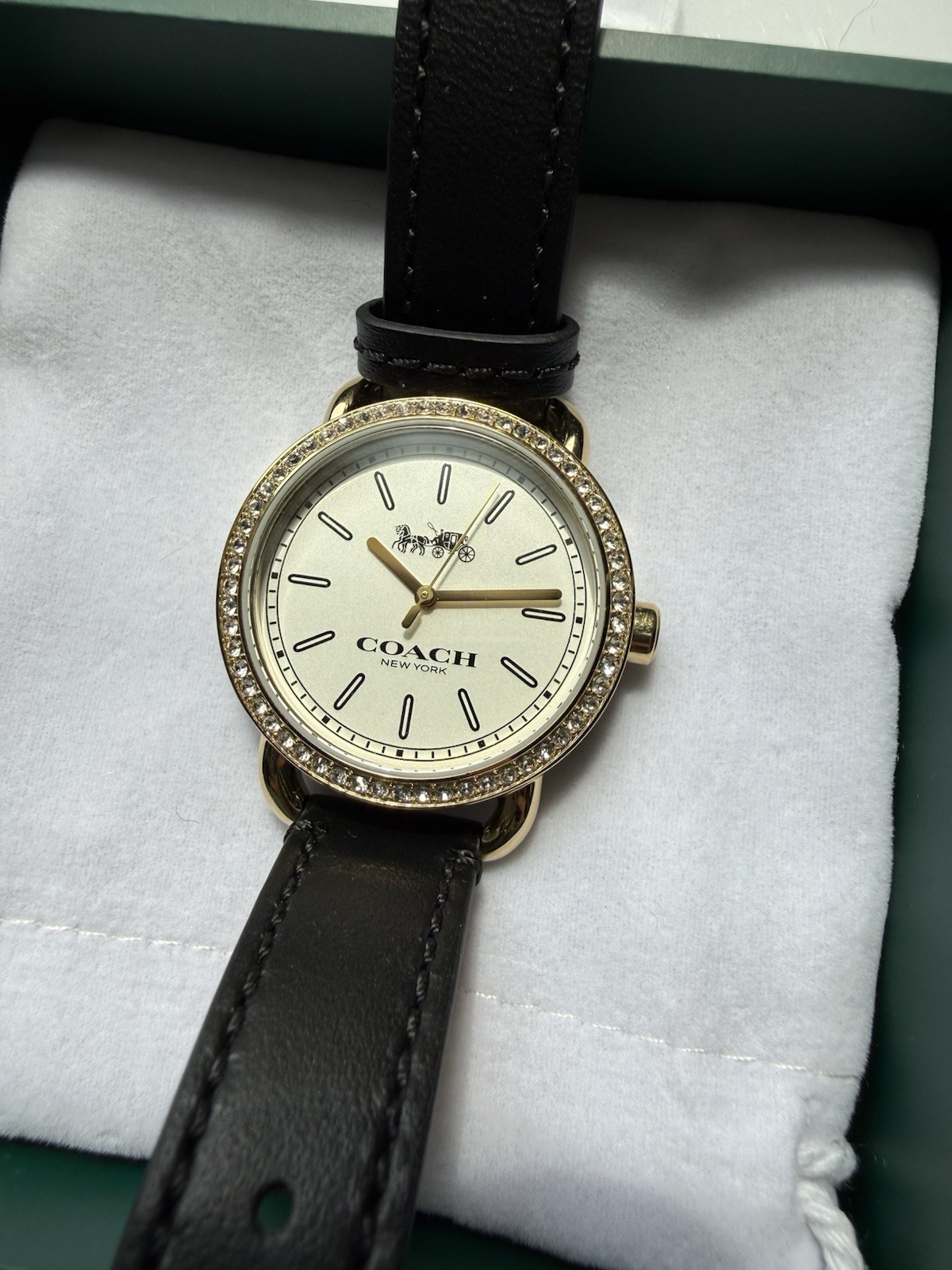 Coach Lex Women’s 28mm Quartz White Dial Gold Tone Crystal Bezel Black Leather