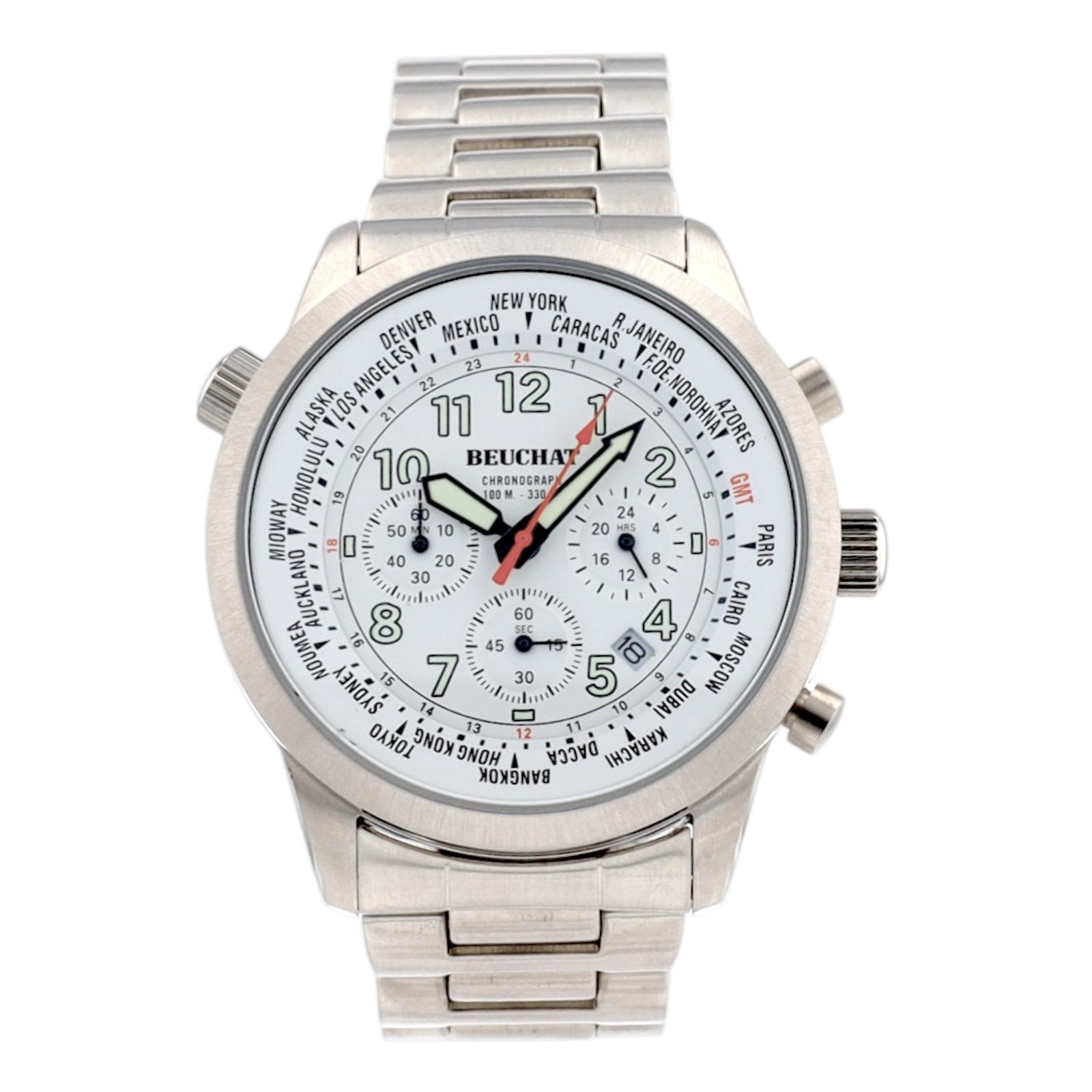 Beuchat World Time Chronograph Mens Watch Swiss Steel GMT White Dial Quartz