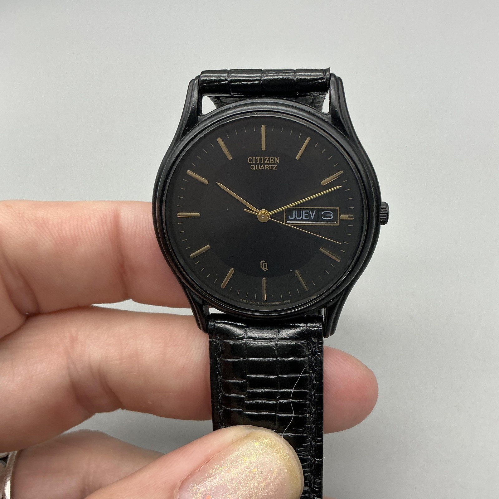 Vintage Citizen Mens Watch 34mm Black Dial Black Leather Day Date New Battery