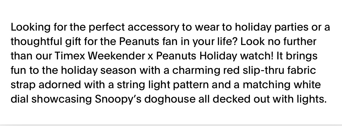 New! Genuine TIMEX PEANUTS X Weekender “Holiday Time” 38mm Watch Great!