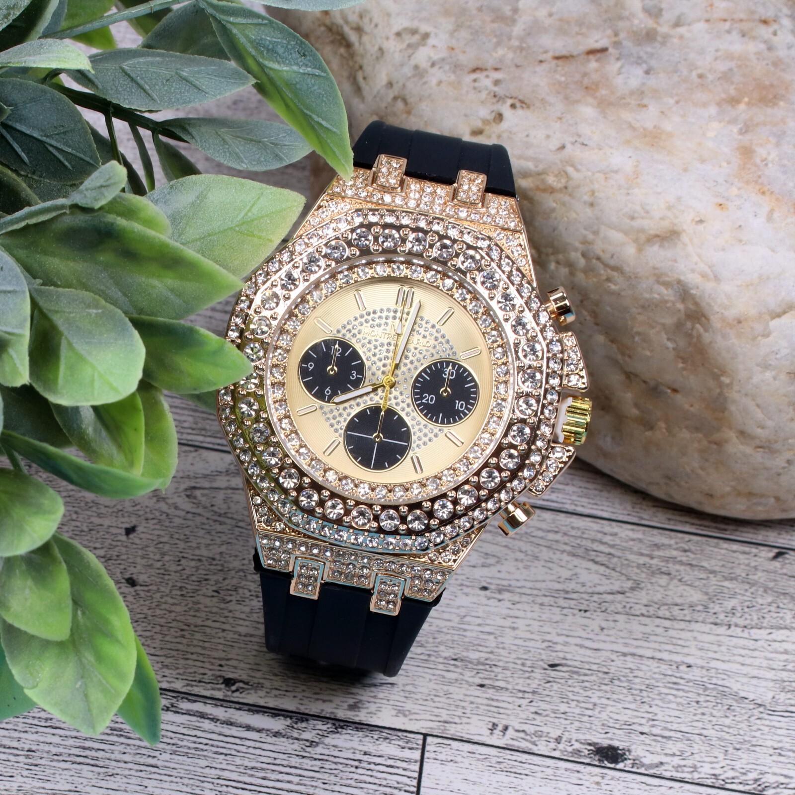 Montres Carlo Men’s Hip Hop Rapper Luxury Stones Dress Wrist Watch Gold Finish