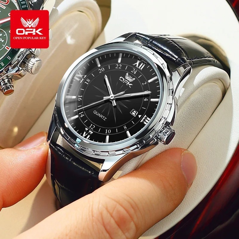 OPK Quartz Watch Men Comfortable Leather Strap Waterproof Fashion Dress Wristwat