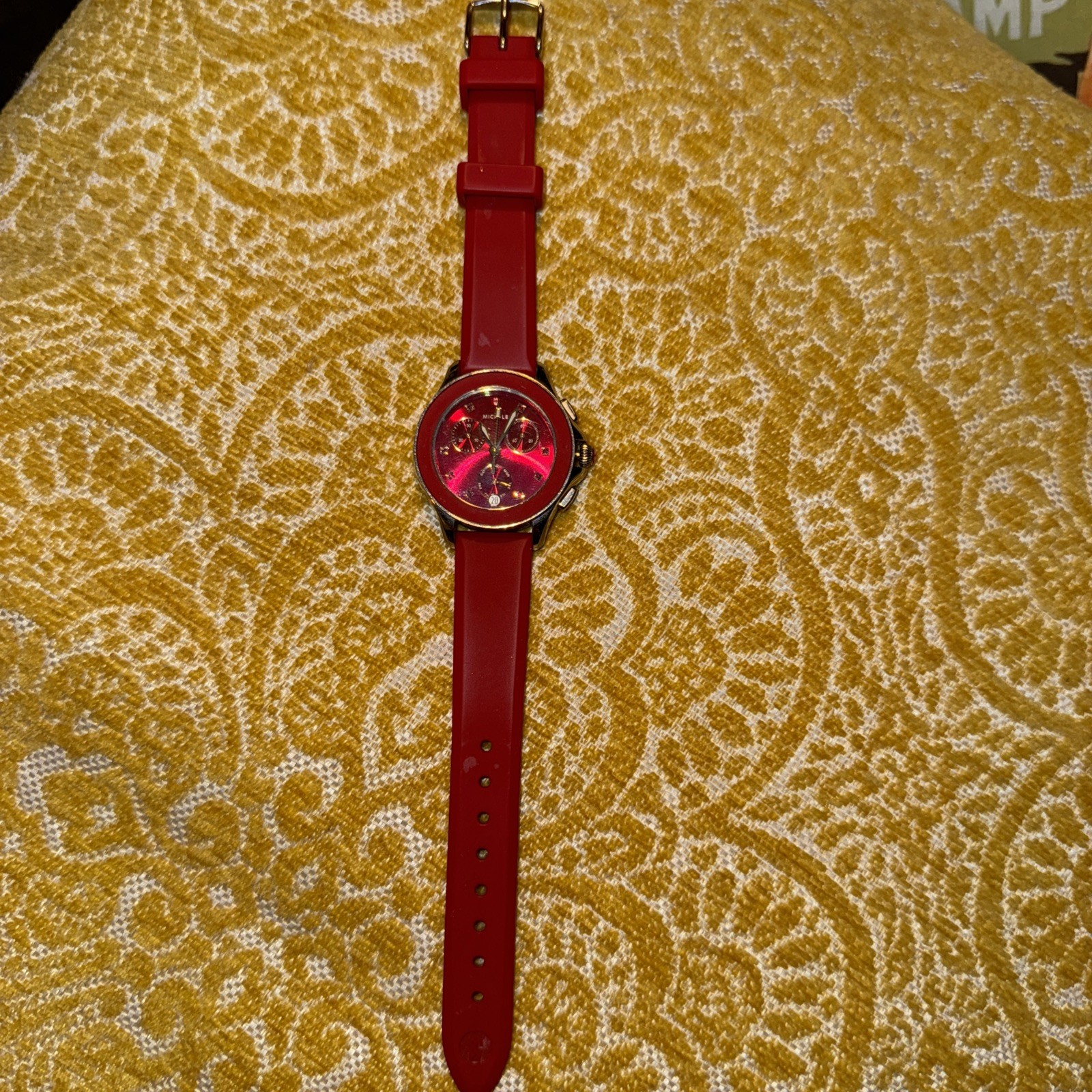 MICHELE MWW27C000004 ‘Cape’ Chronograph Topaz Accent Silicone Strap Watch – Red
