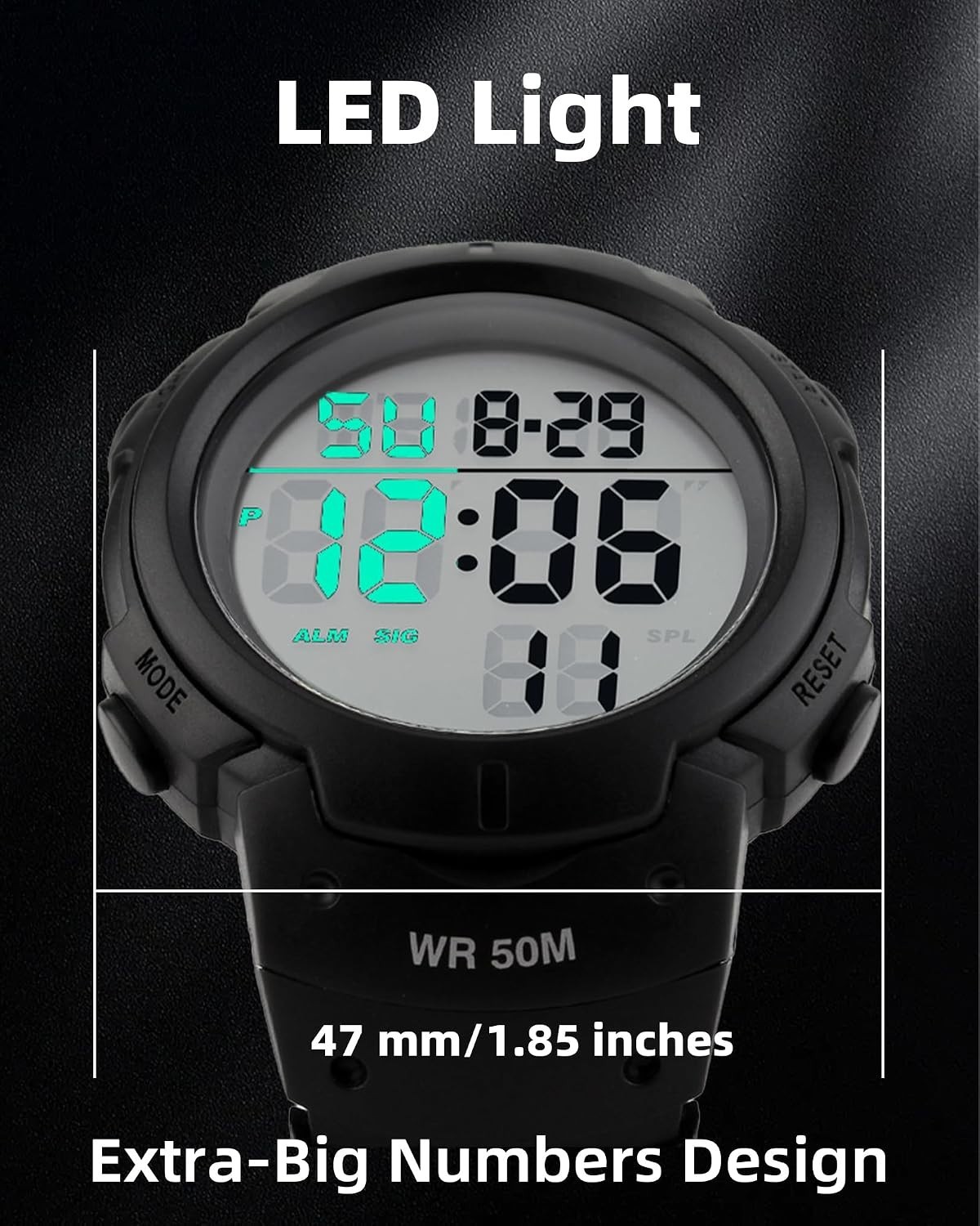Men’s Active Digital Watch – 50mm Face, EL Backlight & Waterproof for Outdoors