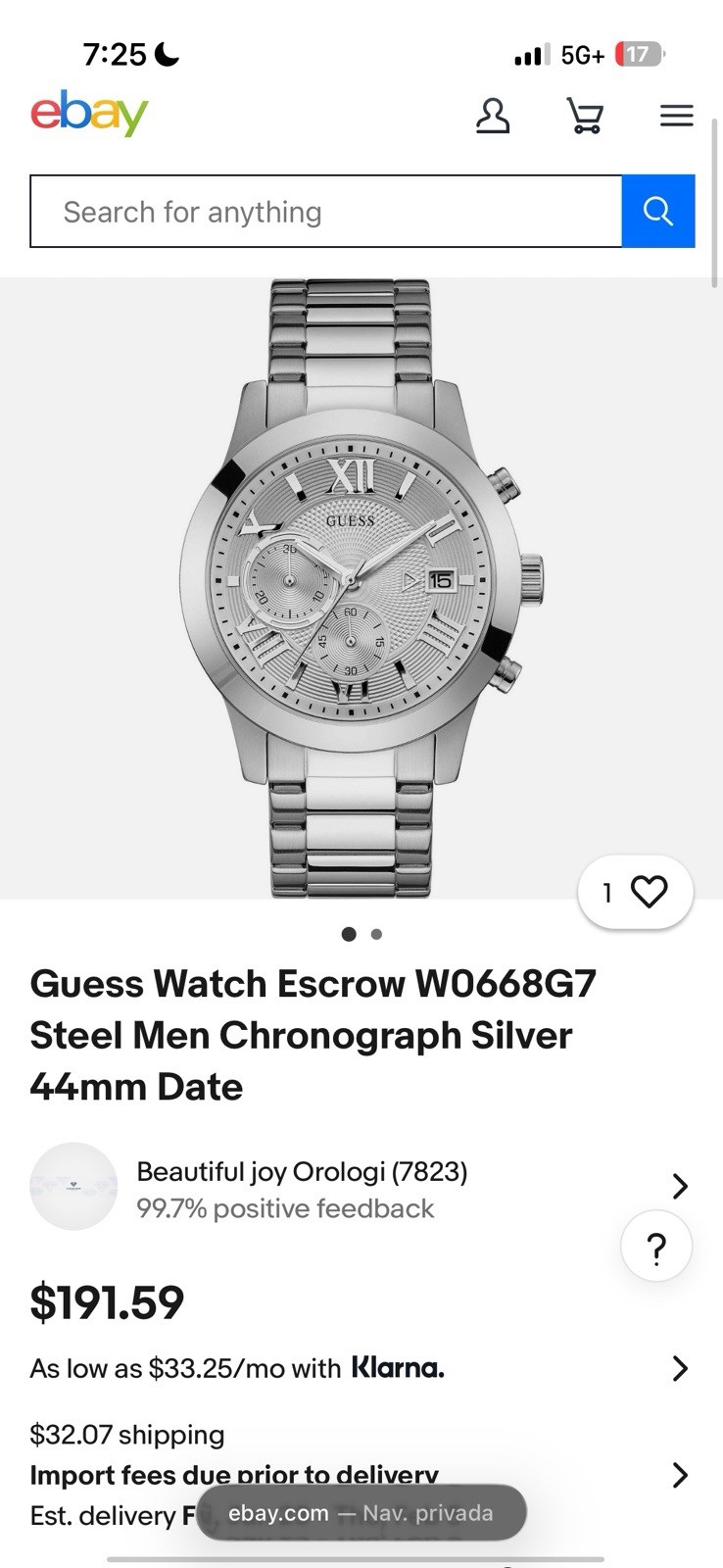 GUESS Escrow Men’s Chronograph Date Black Dial Quartz Analog Silver Bracelet