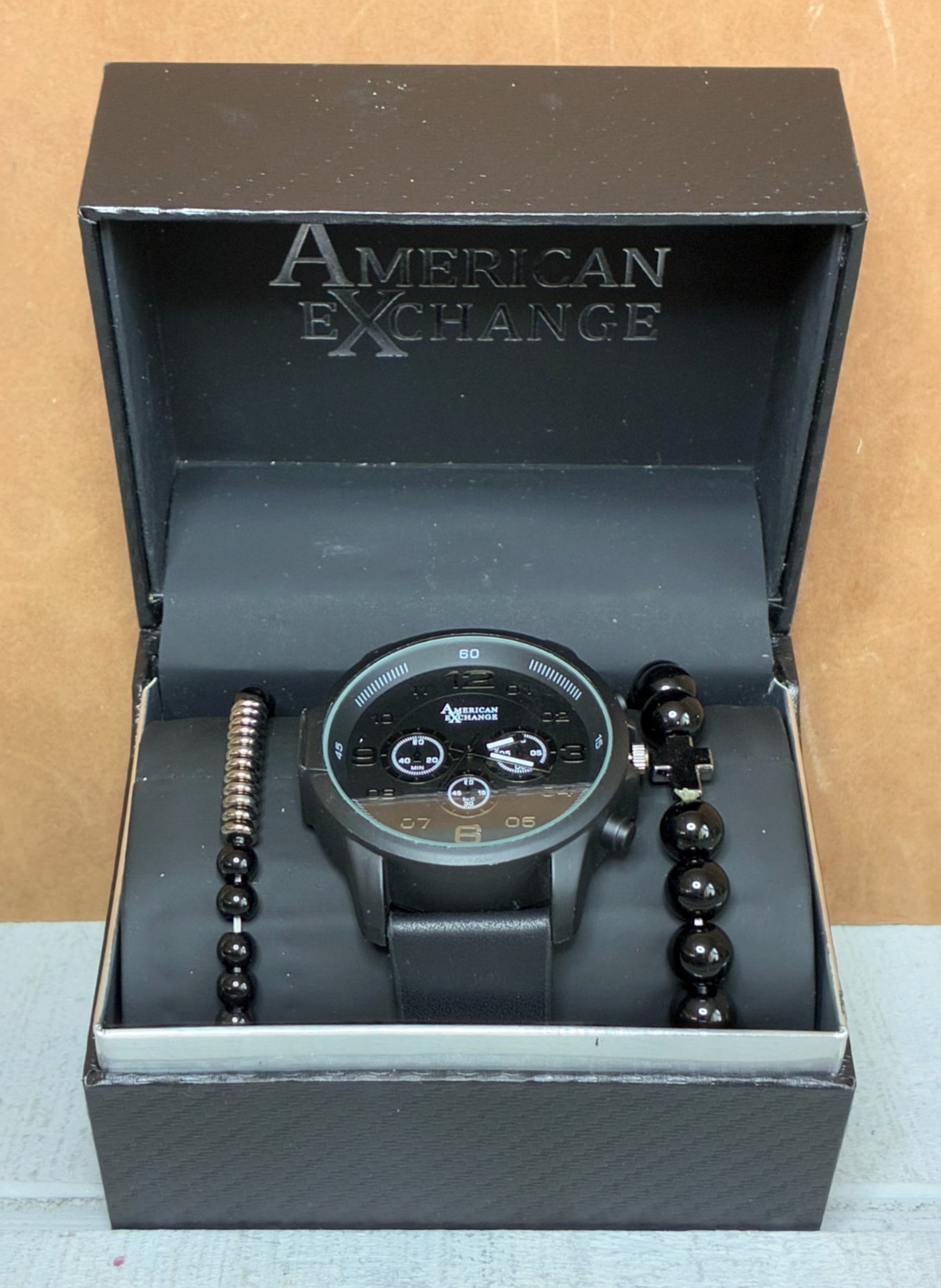 AMERICAN EXCHANGE Unisex Analog Watch and Bracelet Set Black/Gunmetal ~ NIB