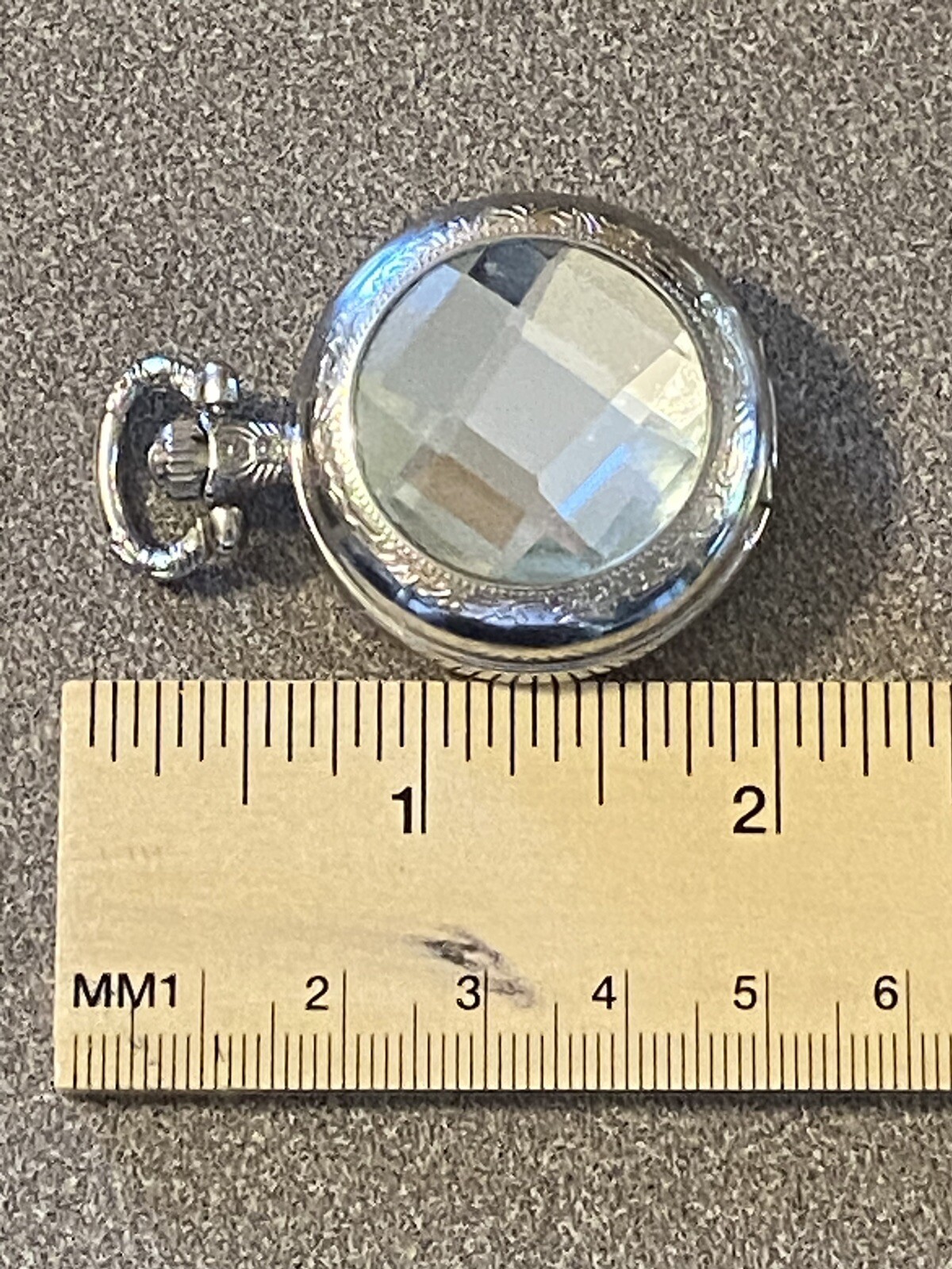 SILVER FACETED CLEAR THICK CRYSTAL QUARTZ POCKET WATCH CASE, UNTESTED